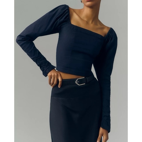 NWT Anthro Maeve The Wynne Square-Neck Navy Blouse - Size Medium - Picture 1 of 8